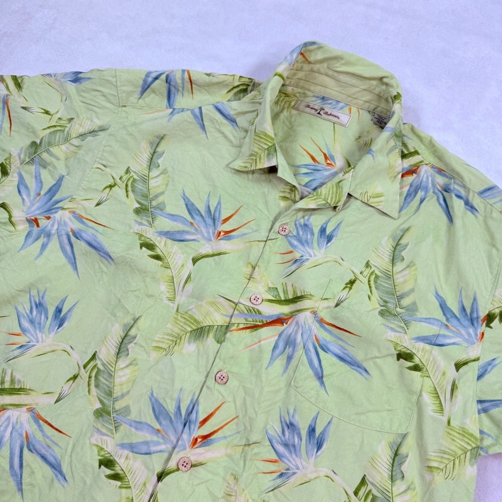 Tommy Bahama Men Large Silk Bird of Paradise Floral Camp Shirt Green Shrt Sleeve